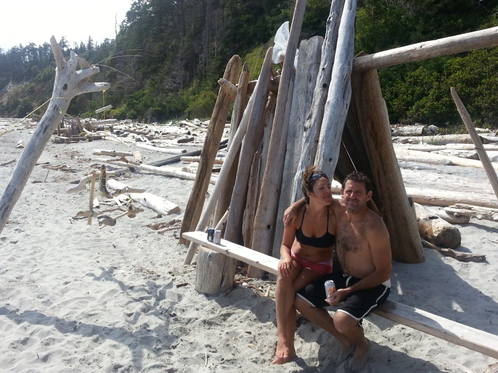 My husband and I enjoying the driftwood fort on Savary - Photo by Diana Findlay