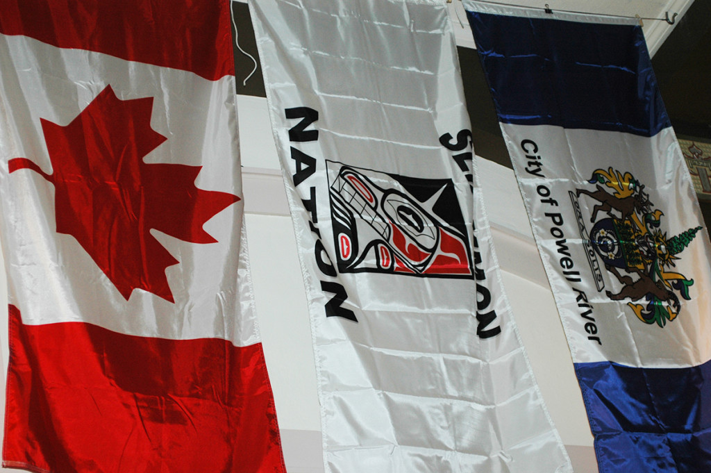 Canadian, Tla'amin, and Powell River flags